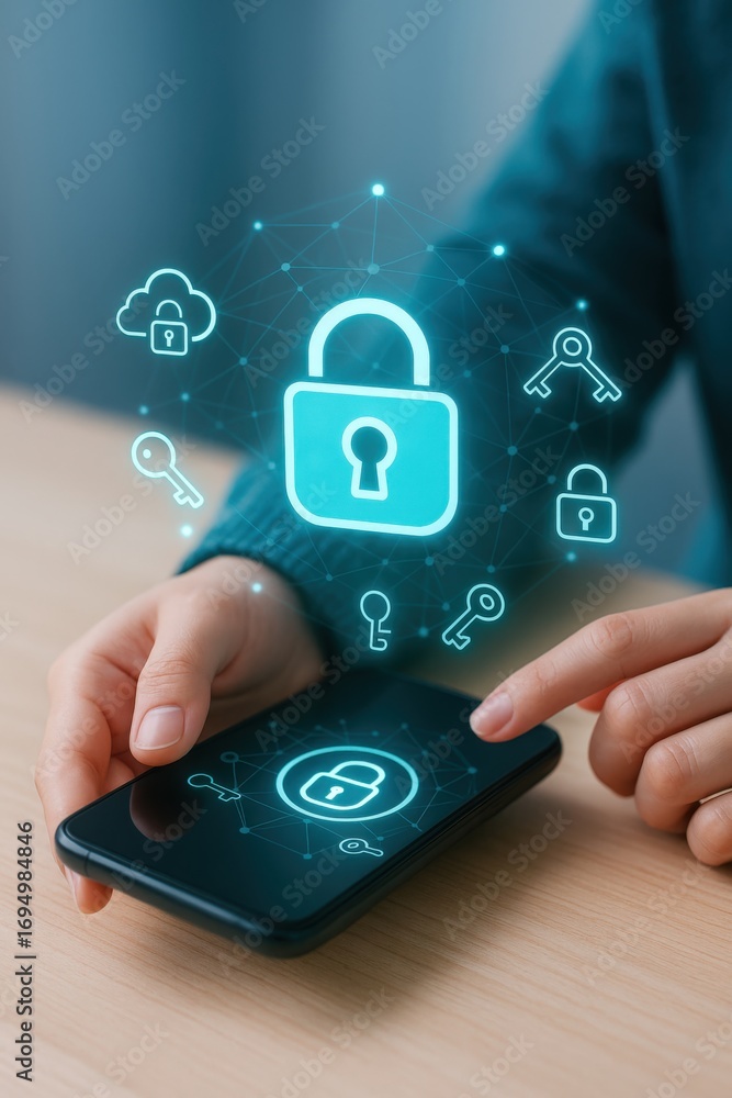Poster a person using a smartphone, with security icons displayed, highlighting concepts of privacy and dat