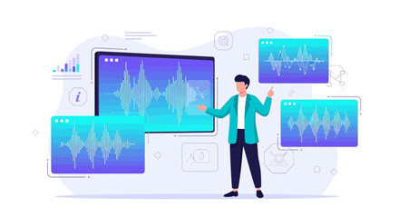 Man presenting data analytics with waveform graphs and modern technology interface
