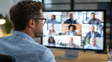 business man having virtual team meeting on video conference call using computer social distance employee working from home office talking to diverse colleagues in remote videoconference online chat 