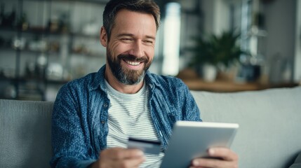 technology people and online shopping concept  happy smiling man with tablet pc computer and credit card at home no logos no brands ar 169