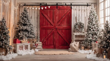 festive christmas celebration with red vintage rustic barn door backdrop indoor photography cozy winter wonderland setting