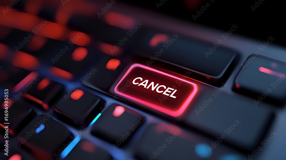 Poster glowing red cancel button on black computer keyboard with dramatic lighting and shallow depth of fie