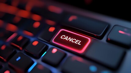 Glowing red cancel button on black computer keyboard with dramatic lighting and shallow depth of field, modern technology concept for digital interfaces.