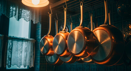 Copper Cookware Displayed Beautifully Beneath Warm Lighting in a Rustic Kitchen Environment