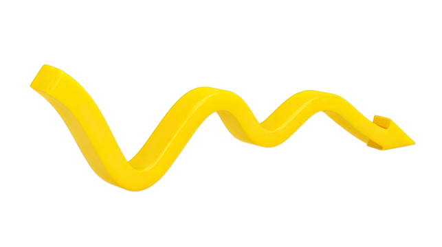 Bright Yellow 3d Rendered Wavy Arrow Pointing Downward, Symbolizing a Decline or Negative Trend, a Transparent Png Cutout Image for Visual Content