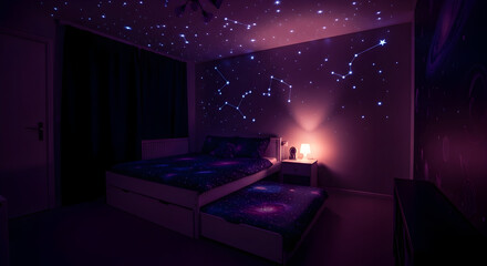 Cosmic Bedroom Depicting Celestial Constellations, Creating Serene Bedroom Atmosphere