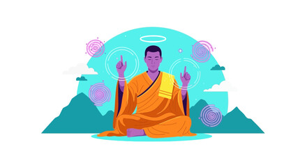 Meditating buddhist monk illustration with halo and mystical swirls calm serenity balanced