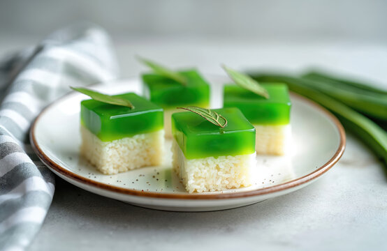 Talam ketan pandan, Kuih Seri Muka, traditional Malaysian Nyonya sweet cake. Pandan coconut layered cake with rice base and green jelly top. Delicious Asian dessert snack, street food, confectionery.