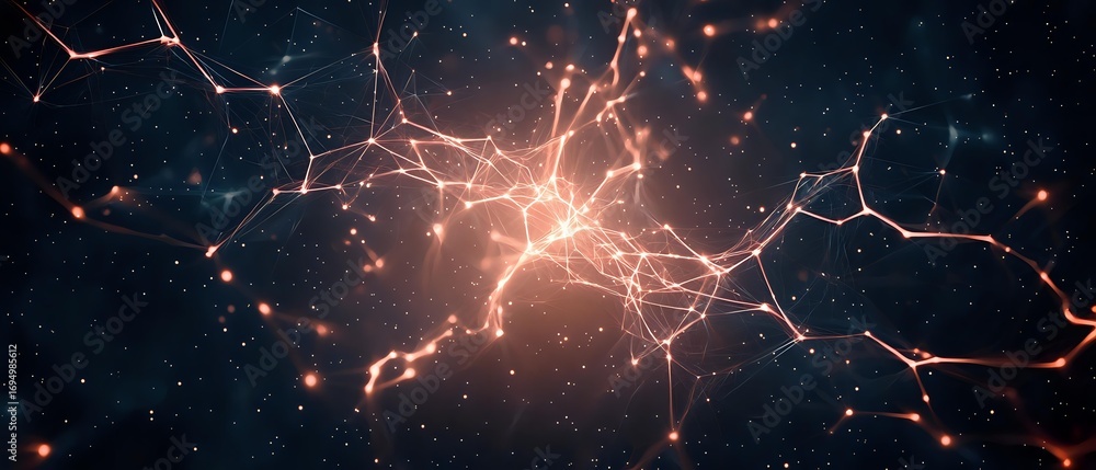 Poster glowing orange neural network connections on dark background with luminous synapses and nodes formin