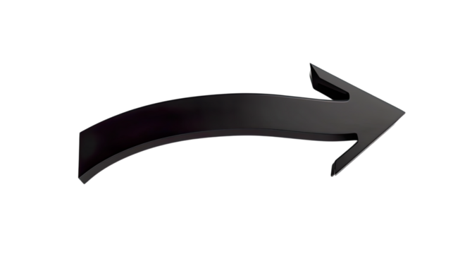 Black 3d Curved Arrow, Right pointing, a Transparent Png Cutout Image for Illustrating Navigation, Progress, and Share Concepts