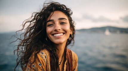 portrait of young woman at sea looking at camera smiling latin hispanic girl standing at the beach with copy space and looking at camera happy mixed race girl in casual outfit with wind in her hair n