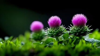 Vibrant pink thistle flowers bloom against dark green foliage, creating dramatic natural contrast. Close-up macro photography captures delicate spiky texture and rich colors.