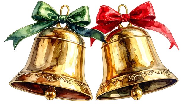 Two golden Christmas bells, adorned with green and red ribbons, are displayed against a plain white background. - Powered by Adobe