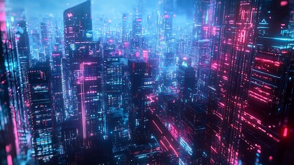 Obraz premium Cyberpunk Cityscape with Neon Lights and Futuristic Architecture, Urban Illumination