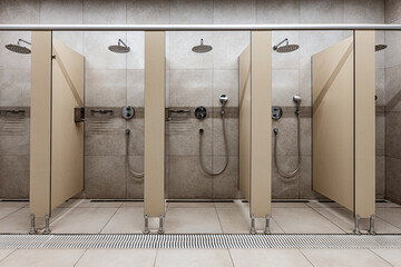 Modern public shower stalls with beige partitions and stainless steel fixtures