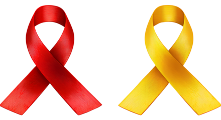 two vector ribbons, one red and the other yellow, symbolizing cancer awareness, isolated on a transparent background