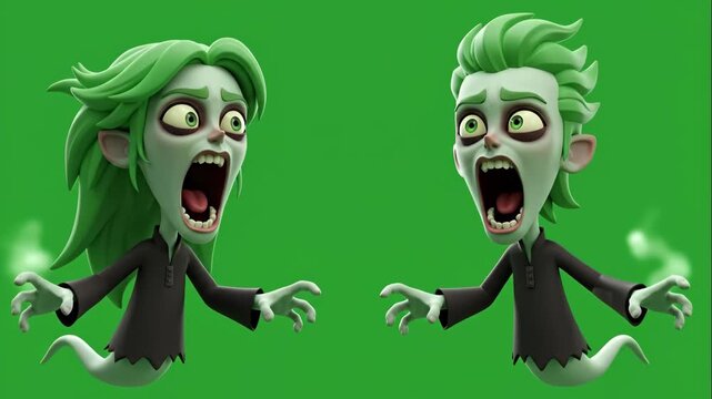 Screaming Cartoon Banshees Green Screen - Two animated banshees with green hair scream against a green screen background. These cartoon characters are ideal for Halloween or spooky themed projects.
