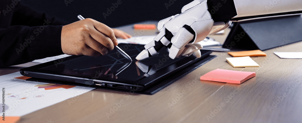 Poster a robot hand and human hand illustrate collaboration in technology as they interact with a tablet, s