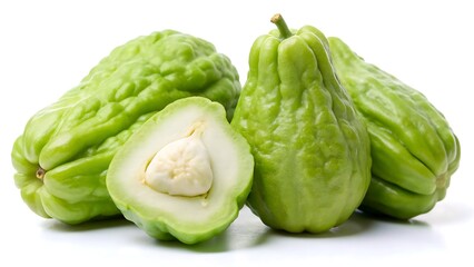 Fresh Green Chayote Squash Isolated on White Background, Whole and Sliced Vegetable with Seed, Healthy Organic Tropical Produce, High Resolution Food Photography