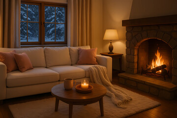 Fototapeta premium Winter interior. The cozy atmosphere of the room, candles/fireplace, festive decorations, stylish interior in rustic style