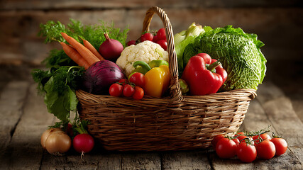 Wicker Basket Brimming with a Colorful Harvest of Fresh Garden Vegetables