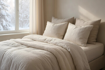 Obraz premium Winter interior. White furniture, a winter landscape outside the window, a soft sofa and a cozy holiday atmosphere.