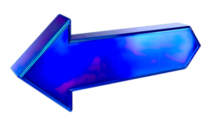 Shiny Blue Metallic Three dimensional Arrow Pointing Left, Rendered with Reflective Surfaces, a Transparent Png Cutout Image for Graphic Design Projects