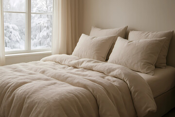 A cozy bedroom.  a bed with white linens and soft pillows in natural light. The winter landscape is visible from the window.