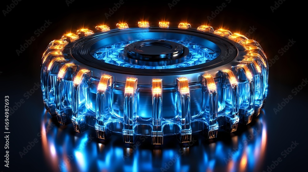 Poster glowing circular device with alternating orange and blue light elements creating futuristic technolo