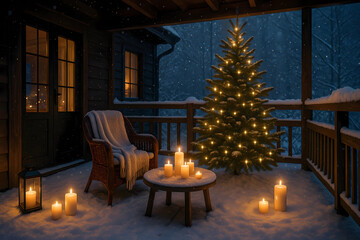 Cozy terrace with a view of the winter garden, with a Christmas tree and candles