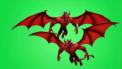 Cartoon Demons Flying Green Screen - Two red cartoon demons with bat-like wings fly against a green screen background. They are muscular and have horns, appearing menacing yet cartoonish. - Powered by Adobe