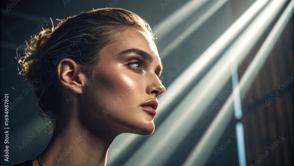 Poster beams of light converge upon the features creating highlights on the cheekbones and casting intricat