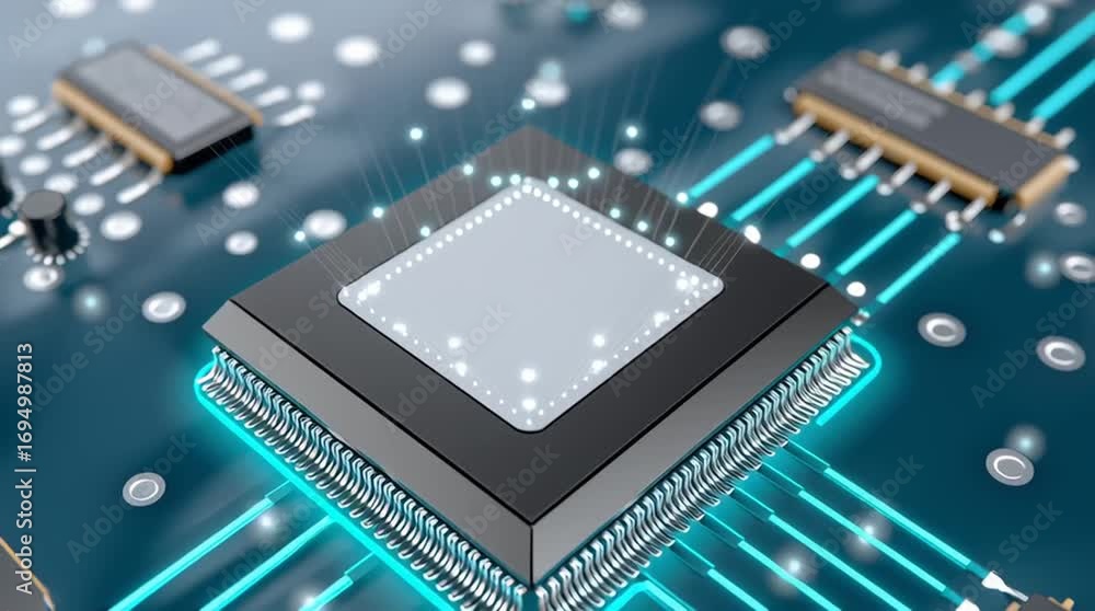 Poster close-up view of a microchip on a circuit board showcasing intricate details and glowing connections