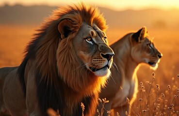 Fototapeta premium Majestic male lion, lioness in golden hour savanna. Warm sunlight illuminates golden manes, dry grass landscape. Alert predators watch intently, embodying wild nature, freedom, untamed African