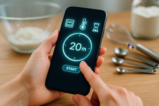 a person's hand interacts with the touch screen timer on a smartphone while preparing food. The timer reads twenty minutes - Powered by Adobe