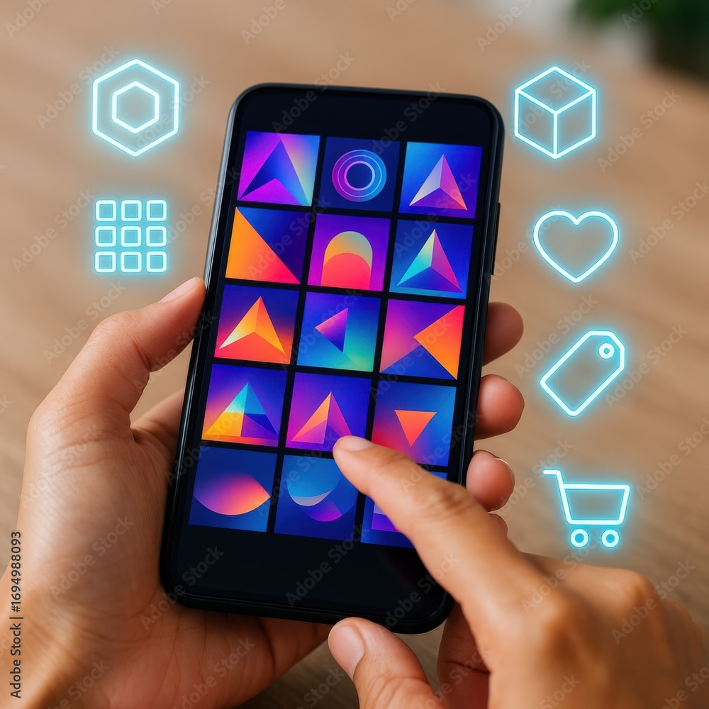 Poster a person interacts with a mobile phone and applications that show geometric shapes and glowing icons