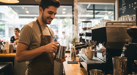 A barista steaming milk in a metal pitcher next to an espresso machine at a coffee shop counter