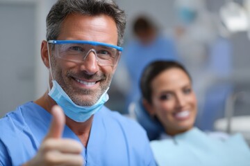 Dentist in blue scrubs giving thumbs up to patient during appointment Generative AI