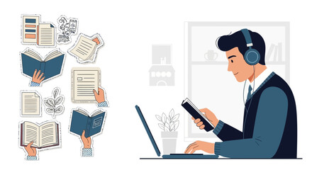 Online Learning and Remote Work Illustration of a Man with Laptop and Books for Educational Content