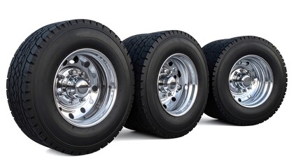 Obraz premium Three chrome truck tires and rims displayed against a white background.
