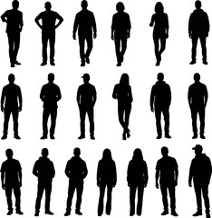 Silhouette people standing in various poses, male and female figures, fashion outlines, posture diversity, black vector illustration set