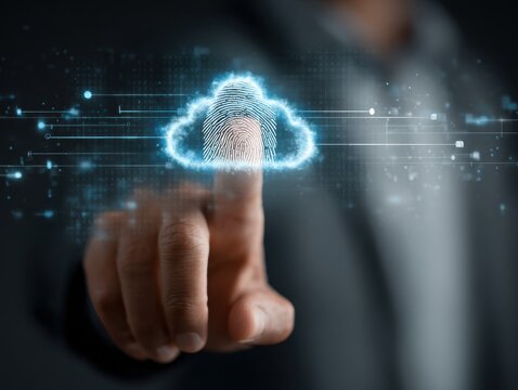Using fingerprint scanning, the businessman accesses and unlocks the cloud data network. Cyber security and biometric identification protect business transactions from online cyber attacks