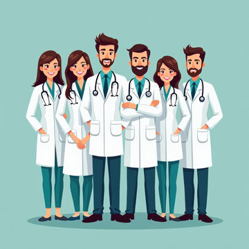 Doctors. A group of health workers. Chief physician and medical specialists. Vector illustration in cartoon style