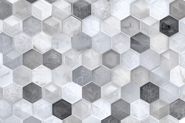 Hexagonal tiles in shades of grey and white create a modern geometric pattern ideal for floors or walls
