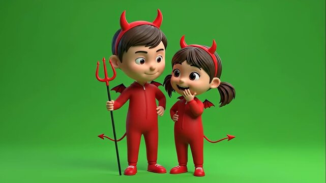 Cute Cartoon Devil Children Green Screen - Two adorable cartoon children, a boy and a girl, dressed in red devil costumes with horns and tails, stand against a green screen background.