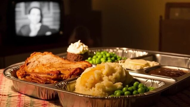 Vintage aluminum TV dinner tray with classic comfort food against a retro 1950s background with copy space