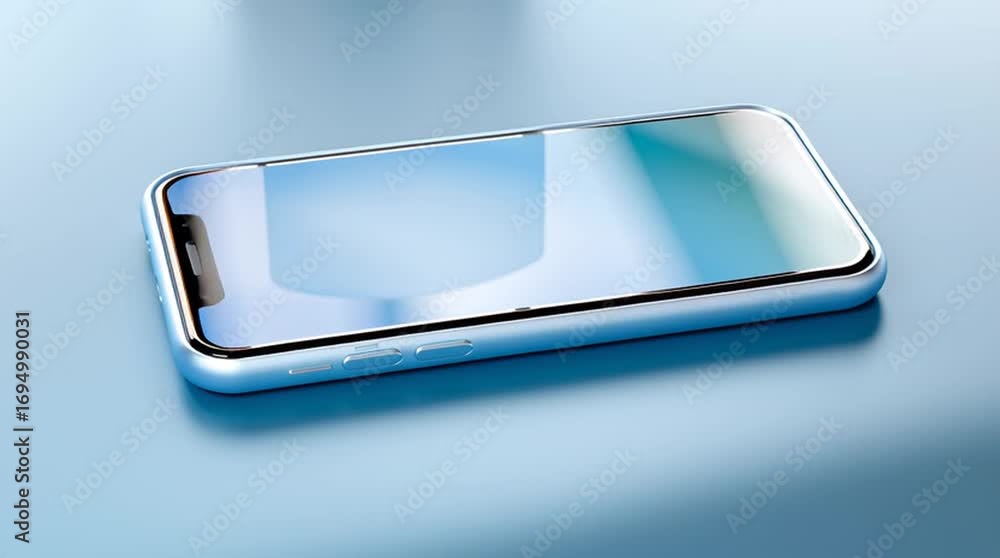 Poster sleek smartphone with reflective screen positioned on a smooth surface, showcasing gradual light cha