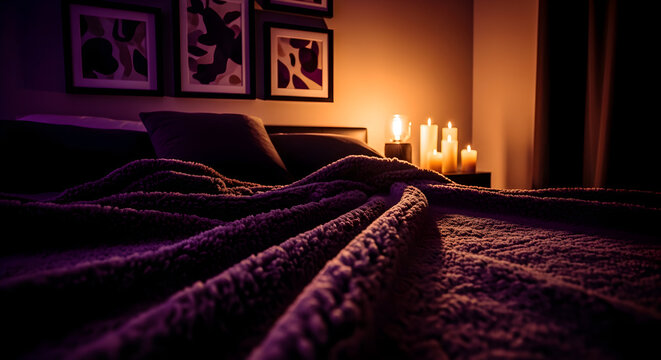 Cozy and romantic bedroom scene bathed in warm candlelight for relaxation and intimacy