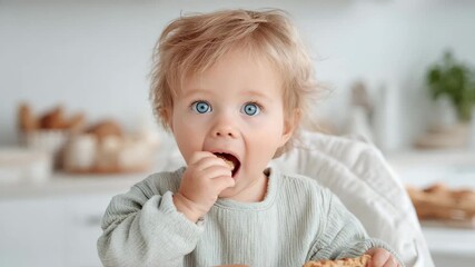 A cute baby with big blue eyes eats a cookie and looks at the camera with surprise. - Powered by Adobe