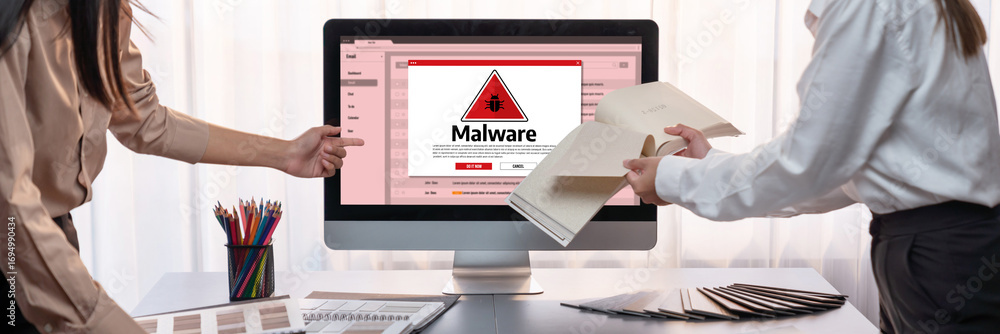 Poster cyber attacking concept. malware alert showing on computer screen display scam and threat detection 